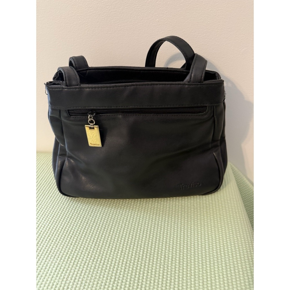 Treviso Shoulder Bag Black Leather Zip Logo Accent Double Handles Purse‎ classic